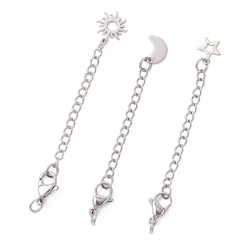 3Pcs 304 Stainless Steel Chain Extender, Curb Chain, with Stainless Steel Charms, Moon & Star & Sun, Stainless Steel Color, 67~73mm