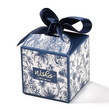 Wedding Theme Folding Gift Boxes, Square with Flower & Word Wishes A GIFT FOR YOU and Ribbon, for Candies Cookies Packaging, Marine Blue, 7x7x8.3cm