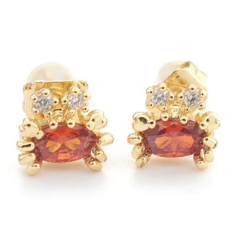 Brass Cubic Zirconia Stud Earring, with Ear Nuts/Plastic Earring Backs, Crab, Real 18K Gold Plated, 6.5x7x3mm, Pin: 1mm