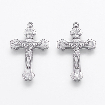 304 Stainless Steel Pendants, Crucifix Cross for Easter, Stainless Steel Color, 30x17.5x2.5mm, Hole: 1mm