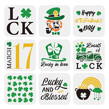 9Pcs 9 Styles Saint Patrick's Day PET Hollow Out Drawing Painting Stencils Sets, for DIY Scrapbook, Photo Album, Shamrock & Leprechaun with Top Hat & Word Lucky, Mixed Patterns, 15x15cm, about 1 style/pc