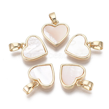 Brass Charms, with Freshwater Shell, Nickel Free, Real 18k Gold Plated, Heart, Seashell Color, 12x11.5x3mm, Hole: 2x4mm(KK-R134-053-NF)
