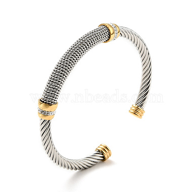 304 Stainless Steel Twist Rope Shape Open Cuff Bangle with Rhinestone for Women(BJEW-D449-01GP-01)-3