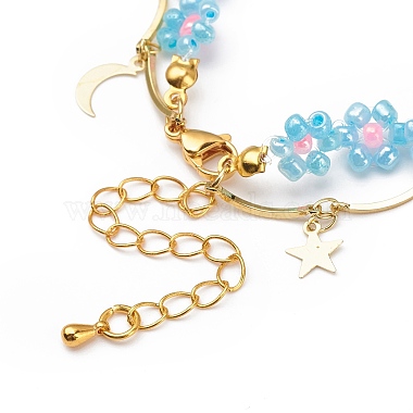 Brass Moon and Star Charms & Seed Flower Double Layer Multi-strand Bracelet for Women(BJEW-JB08848)-5