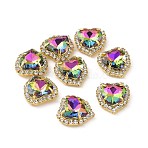 Heart Sew on Rhinestone, Faceted Glass Rhinestone, Multi-Strand Links, with Golden Tone Brass Rhinestone Settings, Volcano, 17x16x6mm, Hole: 1mm(DIY-E062-03G-03)