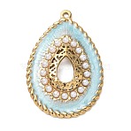 304 Stainless Steel Enamel Pendants, Teardrop Charms, with ABS Plastic Imitation Pearl, Ion Plating(IP), Golden, Light Blue, 44x30x4mm, Hole: 1.8mm(X-STAS-Z200-02G-01)