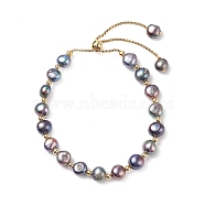 Dyed Natural Pearl & Brass Round Beaded Slider Bracelet, Adjustable Bracelet with Golden 304 Stainless Steel Box Chains for Women, Rosy Brown, Inner Diameter: 1-3/4~3 inch(4.5~7.5cm)(BJEW-JB09008-03)