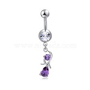 Brass Cubic Zirconia Navel Ring, Belly Rings, with 304 Stainless Steel Bar, Cadmium Free & Lead Free, Flower, Dark Orchid, 43x7mm, Bar Length: 3/8"(10mm), Bar: 14 Gauge(1.6mm)(AJEW-EE0004-41B)
