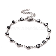Enamel Heart with Evil Eye Link Chains Bracelet, 304 Stainless Steel Jewelry for Women, Stainless Steel Color, Black, 6-7/8 inch(17.5cm)(BJEW-P271-07P-03)