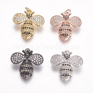 Brass Micro Pave Cubic Zirconia Pendants, Bees, Black, Mixed Color, 20x20x6mm, Hole: 3mm(ZIRC-A009-08)