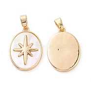 Brass Shell Pendants, Oval with Star Charms, Real 18K Gold Plated, 19.5x14x2.5mm, Hole: 3x5mm(KK-E068-VC130)