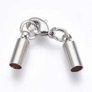 Brass Lobster Claw Clasps, with Cord Ends, Long-Lasting Plated, Real Platinum Plated, 39mm, Hole: 3mm(KK-F758-02P)