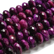 Natural Tiger Eye Beads Strands, Faceted, Dyed, Rondelle, Purple, 9.5~10x6.5~7mm, Hole: 1.2mm, about 58~59pcs/strand, 15.31''~15.43''(38.9~39.2cm)(G-K351-B04-04)