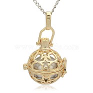 Golden Tone Brass Hollow Round Cage Pendants, with No Hole Spray Painted Brass Round Beads, Silver, 35x25x21mm, Hole: 3x8mm(KK-J226-08G)