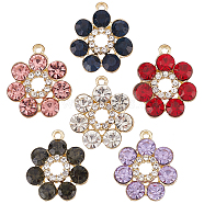 12Pcs 6 Colors Golden Plated Alloy Pendants, with Glass Rhinestone, Flower, Mixed Color, 19x16x5mm, Hole: 1.2~1.5mm, 2pcs/color(FIND-SC0002-70)
