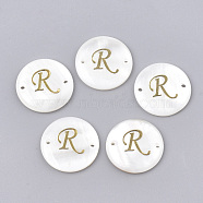 Freshwater Shell Links connectors, with Brass Findings, Flat Round, Golden, Letter.R, 20~21x3mm, Hole: 1.2mm(SHEL-S274-22R-G)