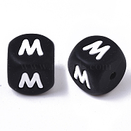 Food Grade Eco-Friendly Silicone Beads, Horizontal Hole, Chewing Beads For Teethers, DIY Nursing Necklaces Making, Cube, Black, Letter.M, 12x12x12mm, Hole: 2mm(SIL-T055-M)