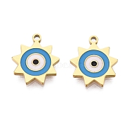 Ion Plating(IP) 316 Surgical Stainless Steel Charms, Nickel Free, with Enamel, Sun with Evil Eye Charm, Real 18K Gold Plated, Dodger Blue, 14x12x1.5mm, Hole: 1mm(STAS-U014-54G-03)