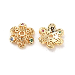 Brass with Clear Cubic Zirconia Bead Caps, 6-Petal Flower, Real 18K Gold Plated, 10x9x3mm, Hole: 1.2mm(KK-Q773-08G)