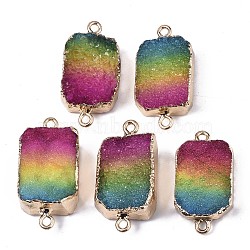 Natural Druzy Agate Links Connectors, with Edge Golden Plated Iron Loops, Dyed, Rectangle, 34~38x18~19x8~12mm, Hole: 2.5mm(G-S359-084)