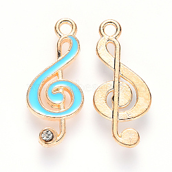 Alloy Enamel Pendants, with Crystal Rhinestone, Musical Note, Light Gold, Sky Blue, 22x10x2mm, Hole: 1.6mm(ENAM-S121-021)