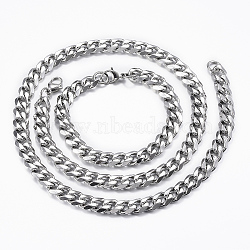 201 Stainless Steel Curb Chain Necklaces & Bracelets Sets, with Lobster Claw Clasps, Stainless Steel Color, 23.62 inch(60cm)(SJEW-L186-02P-A)