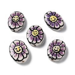 Handmade Porcelain Beads, Famille Rose Porcelain, Oval with Flower, Plum, 19x14~16x5~6mm, Hole: 1.2mm(PORC-G011-04J)