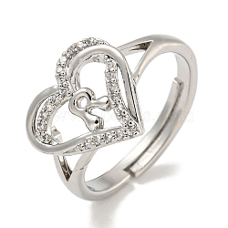 Heart with Letter Rack Plating Brass Micro Pave Clear Cubic Zirconia Adjustable Rings for Women, Lead Free & Cadmium Free, Platinum, Letter R, Inner Diameter: 16mm(RJEW-I105-01P-R)