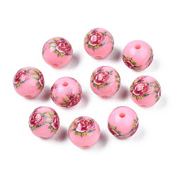 Opaque Printed Acrylic Beads, Round with Flower Pattern, Pink, 9x9.5mm, Hole: 1.8mm(MACR-T043-02I)