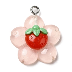 Translucent Resin Pendants, Sunflower Charms with Platinum Plated Iron Loops, Pink, 25x21x7.5mm, Hole: 2mm(RESI-L038-02P-02)