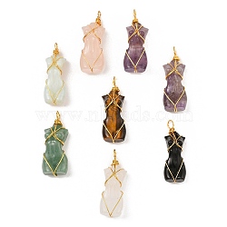 Natural & Synthetic Mixed Gemstone Pendants, with Golden Tone Rack Plating Brass Wire Wrap, Long-Lasting Plated, Lead Free & Cadmium Free, Human, 52x18.5x2.2mm, Hole: 4.8mm(G-K338-30G)