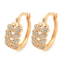 Brass Micro Pave Clear Cubic Zirconia Hoop Earrings, Leaf, Light Gold, 21x9mm(EJEW-A107-05A-KCG)