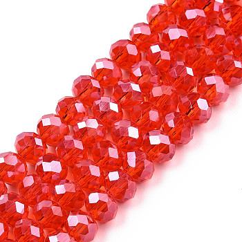 Electroplate Glass Beads Strands, Pearl Luster Plated, Faceted, Rondelle, Red, 8x6mm, Hole: 1mm, about 63~65pcs/strand, 39~40cm