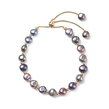 Dyed Natural Pearl & Brass Round Beaded Slider Bracelet, Adjustable Bracelet with Golden 304 Stainless Steel Box Chains for Women, Rosy Brown, Inner Diameter: 1-3/4~3 inch(4.5~7.5cm)