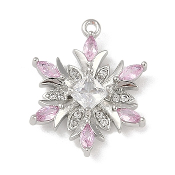 Christmas Theme Brass Micro Pave Cubic Zirconia Pendants, Snowflake, Pearl Pink, 20x16x3.5mm, Hole: 1.2mm