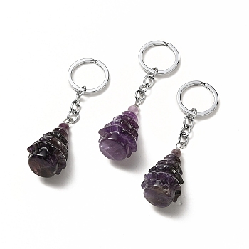 Natural Amethyst Keychain, with Iron Split Key Rings, Christmas Tree, 90mm