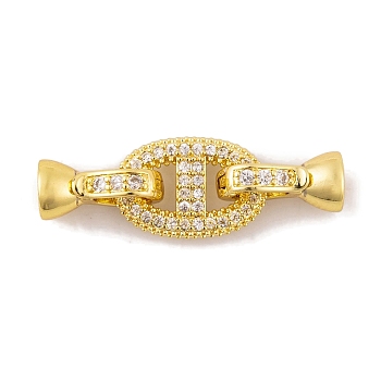 Rack Plating Brass Micro Pave Clear Cubic Zirconia Fold Over Clasps, Long-Lasting Plated, Lead Free & Cadmium Free, Real 18K Gold Plated, 29.5mm, Oval: 14.5x9.5x1.7mm, Clasp: 11.5x5.5x7mm
