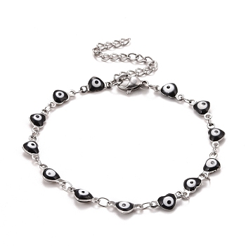 Enamel Heart with Evil Eye Link Chains Bracelet, 304 Stainless Steel Jewelry for Women, Stainless Steel Color, Black, 6-7/8 inch(17.5cm)