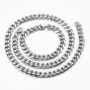 201 Stainless Steel Curb Chain Necklaces & Bracelets Sets, with Lobster Claw Clasps, Stainless Steel Color, 23.62 inch(60cm)