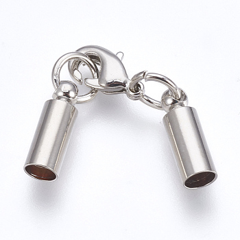 Brass Lobster Claw Clasps, with Cord Ends, Long-Lasting Plated, Real Platinum Plated, 39mm, Hole: 3mm