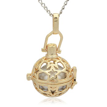Golden Tone Brass Hollow Round Cage Pendants, with No Hole Spray Painted Brass Round Beads, Silver, 35x25x21mm, Hole: 3x8mm