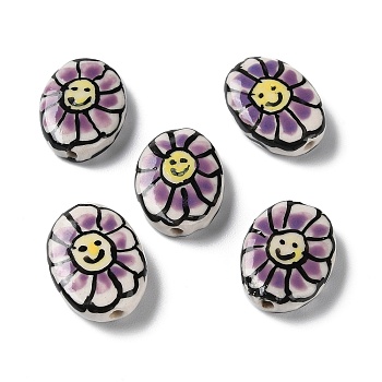 Handmade Porcelain Beads, Famille Rose Porcelain, Oval with Flower, Plum, 19x14~16x5~6mm, Hole: 1.2mm