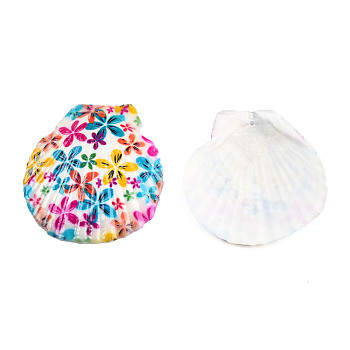 Printed Natural Freshwater Shell Big Pendants, Shell Charm, Colorful, Flower Pattern, 55~75x52~70x6~8mm, Hole: 1.4mm