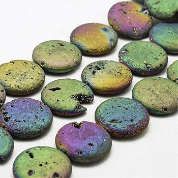 Electroplated Natural Druzy Geode Crystal Beads Strands, Flat Round, Dyed, Multi-color Plated, 30x7~8mm, Hole: 2mm, about 7pcs/strand, 8.26 inch(21cm)