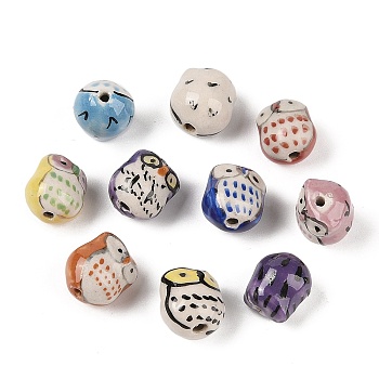 Handmade Printed Porcelain Beads, Owl, Mixed Color, 19.5x14.5x13.5mm, Hole: 2mm