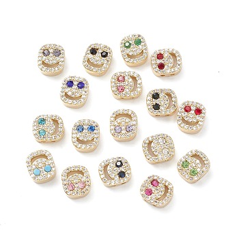 Brass Micro Pave Cubic Zirconia Beads, Lead Free & Cadmium Free, Long-Lasting Plated, Real 18K Gold Plated, Oval with Smiling Face, Mixed Color, 9x8x4mm, Hole: 1mm