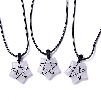 Adjustable Natural Quartz Crystal Star Pendant Necklace, Wax Cord Macrame Pouch Braided Gemstone Jewelry for Women, 29.37~29.84 inch(74.6~75.8cm)
