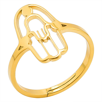 Stainless Steel Hollow Out Hamsa Hand Adjustable Ring for Women, Golden, Inner Diameter: 17mm