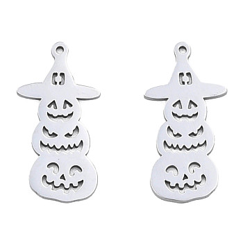 201 Stainless Steel Pendants, Halloween Style, Pumpkin Jack-O'-Lantern, Stainless Steel Color, 30x15x1mm, Hole: 1.4mm