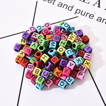 Mixed Color Opaque Acrylic Beads, Cube with Black Mixed Letter, 5.5~6x5.5~6x5.5~6mm, Hole: 3.5mm, about 100pcs/bag